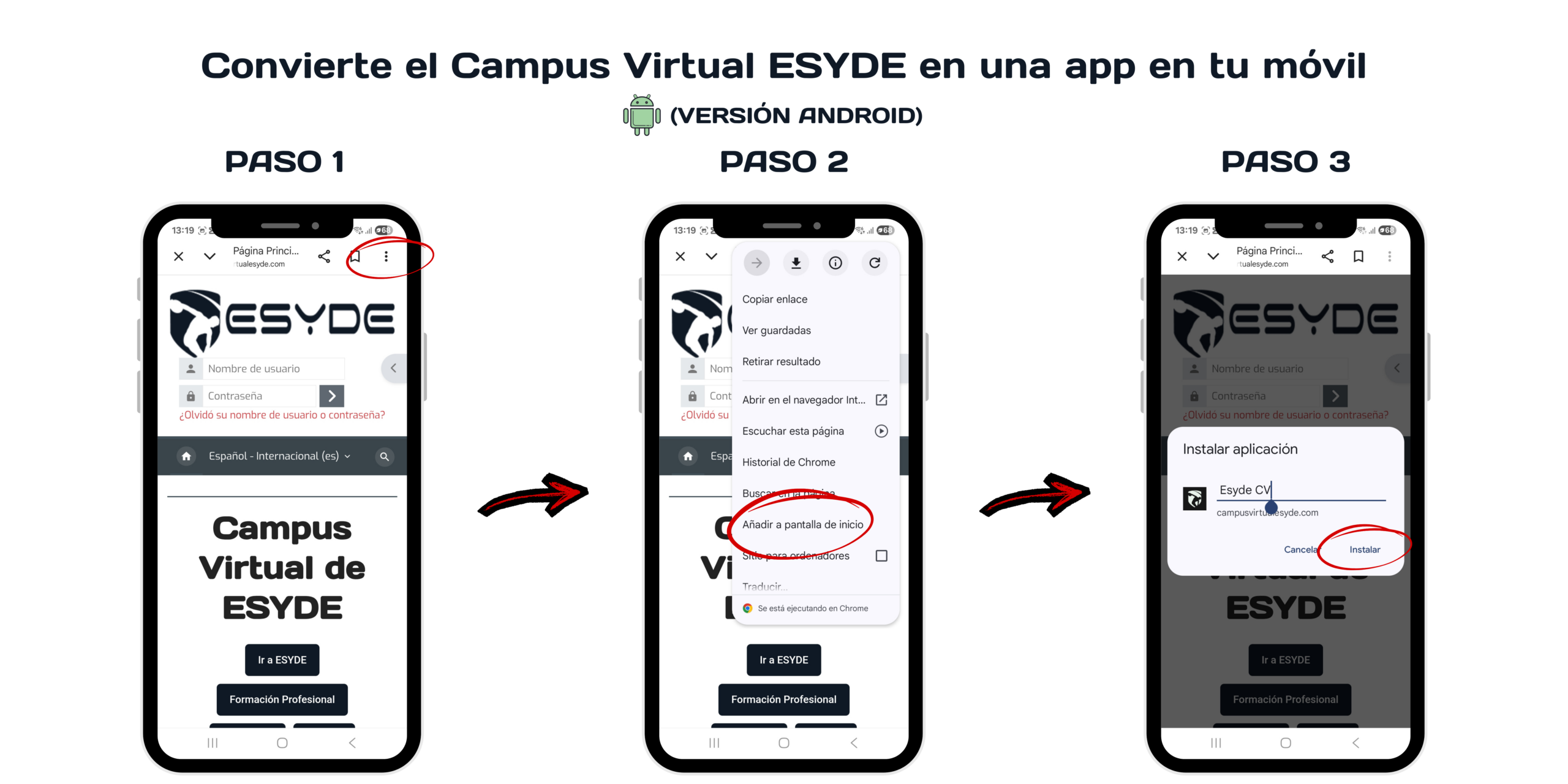 pasos para añadir el acceso directo al campus virtual esyde en android