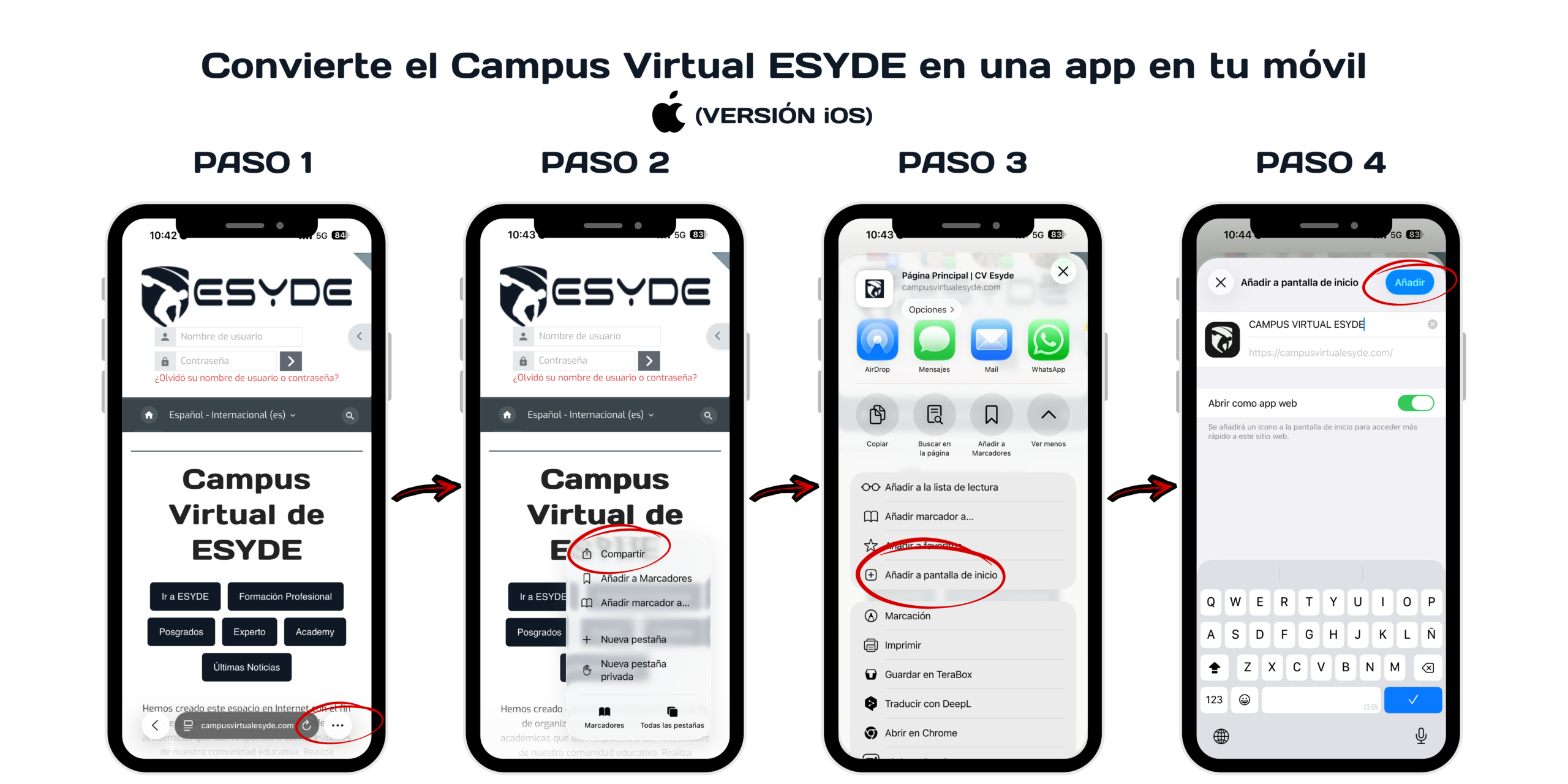 pasos para descargar la app web del campus virtual ESYDE en tu dispositivo iOS